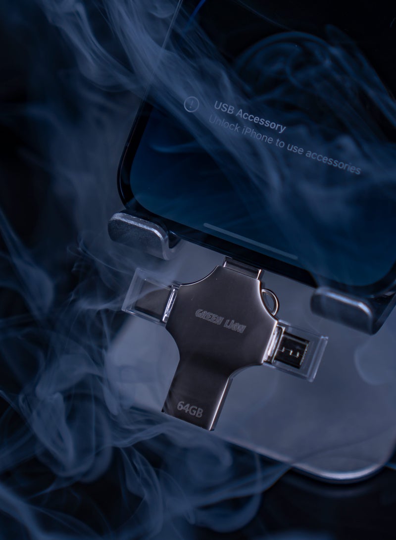 GREEN LION 4-in-1 High-Speed USB Flash Drive 64GB Data Transfer / USB-A / USB-C / Lightening / Micro / Large Storage Capacity / Portable Design - Silver - Image 5