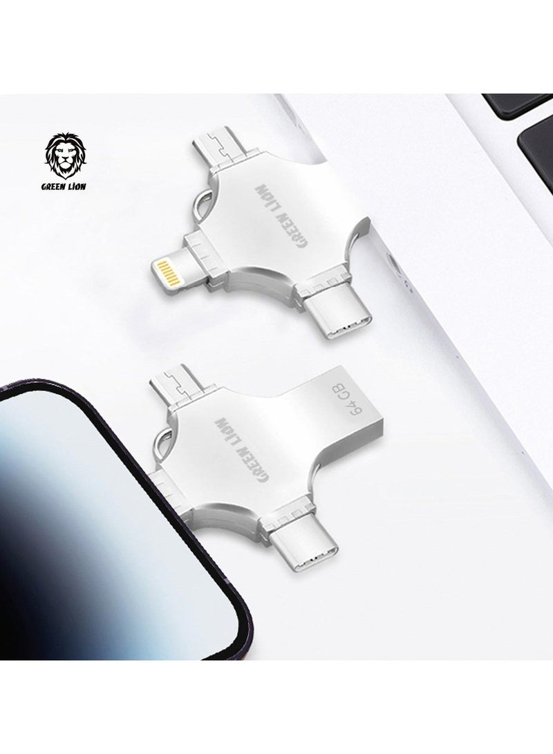 GREEN LION 4-in-1 High-Speed USB Flash Drive 64GB Data Transfer / USB-A / USB-C / Lightening / Micro / Large Storage Capacity / Portable Design - Silver - Image 3