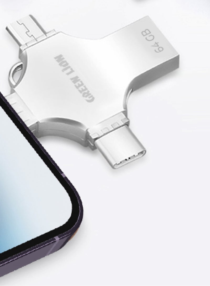 GREEN LION 4-in-1 High-Speed USB Flash Drive 64GB Data Transfer / USB-A / USB-C / Lightening / Micro / Large Storage Capacity / Portable Design - Silver - Image 2