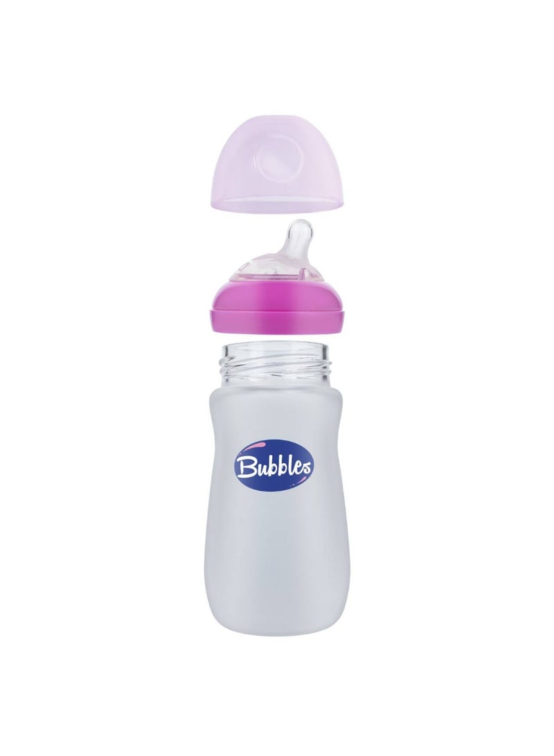 Bubbles Glass Baby Feeding Bottle 280ml with Tilted Silicone Nipple, Anti-Colic Design, BPA-Free, Easy Grip, Safe Glass Bottle for Newborns and Infants (Pink) - Image 2