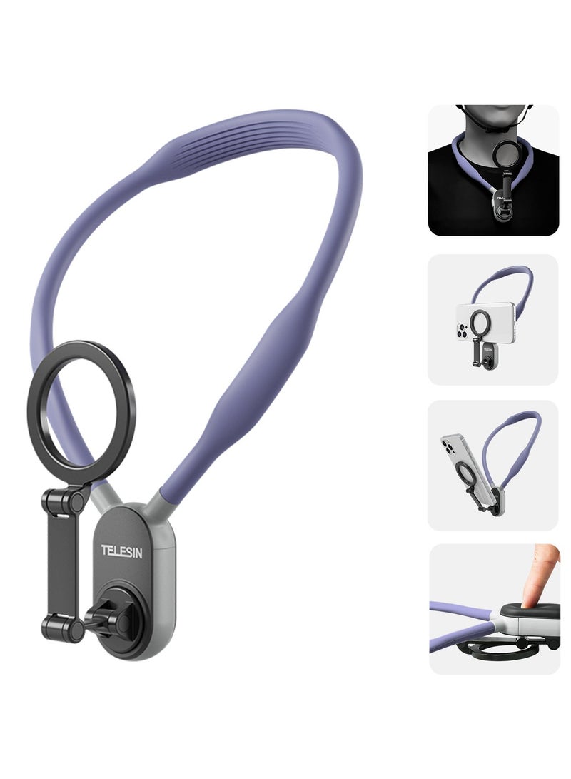 Magnetic Neck Mount for Phones, Cell Phone Holder Stand Hanging on Neck POV/Vlog Selfie Hand Free Necklace Phone Strap Video Recording for iPhone 15 14 13 12 Series Android Phones (Purple) - Image 1
