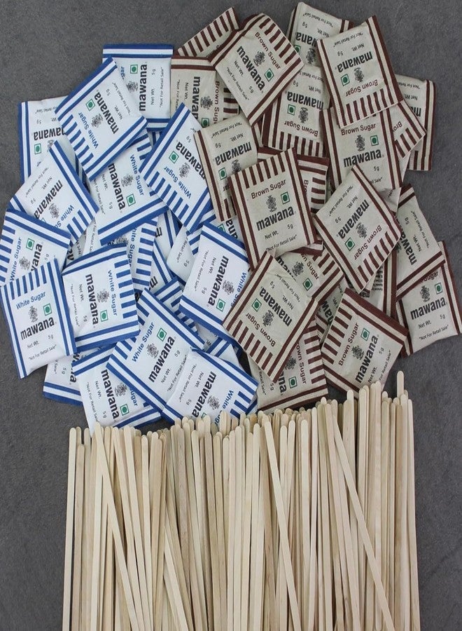SFU E Com Mawana White Sugar And Mawana Brown Sugar Combo With Coffee Stir Sticks Wood Stirrers Combo | Stirrers for Tea, Coffee etc. | Tea Stirrer, Coffee Stirrer | White Sugar (100pcs), Brown Sugar (100pcs), Stirrer Stick (100pcs) - Image 1