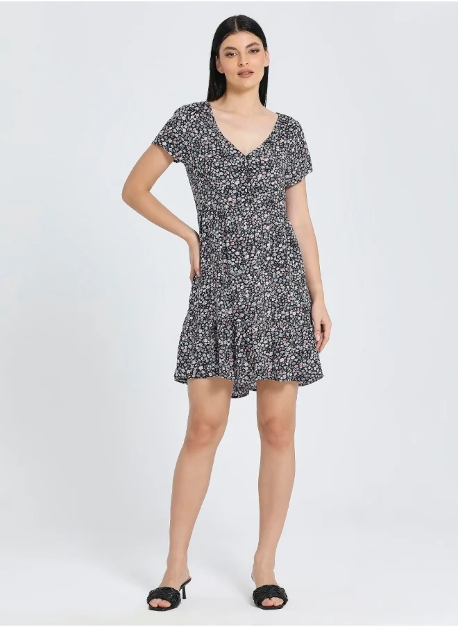 HaILYS Floral Print Short Sleeve Dress - Navy