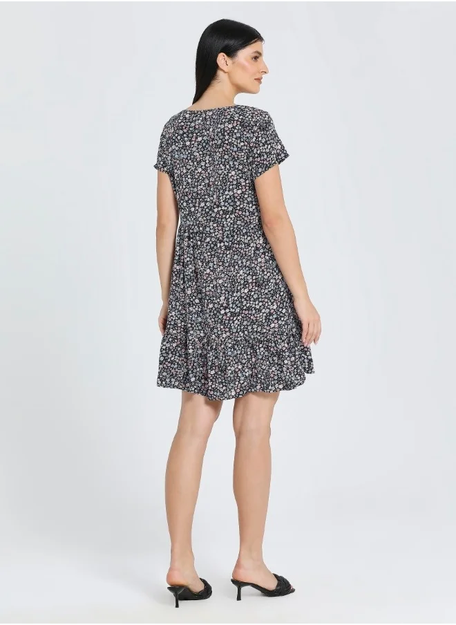 HaILYS Floral Print Short Sleeve Dress - Navy