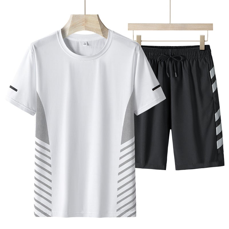 Summer New Casual Pants Sports Ice Silk Suit Mens Crewneck T-shirt Shorts Short-sleeved Lightweight Quick-drying Shorts Mens Cover White 