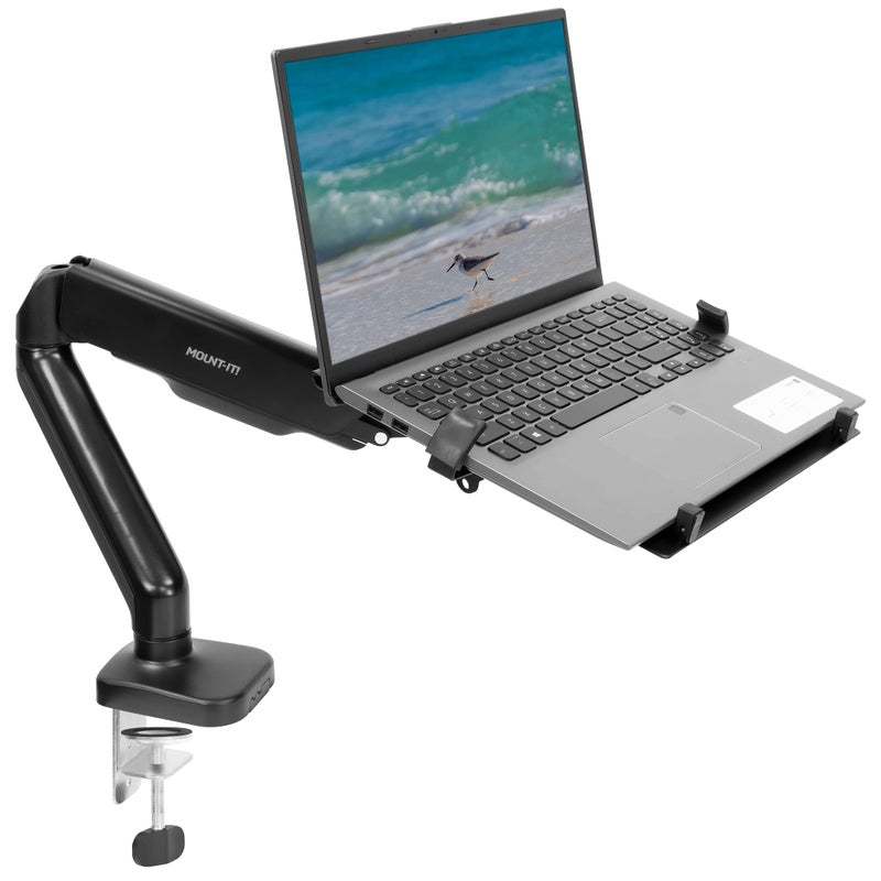 Mount-It! Laptop Desk Mount Arm with Gas Spring, Height Adjustable Laptop Stand for Desk, Fits Laptops up to 17 Inch, Full Motion Laptop Tray Mount with Clamp or Grommet Installation - Image 2