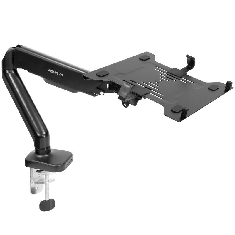 Mount-It! Laptop Desk Mount Arm with Gas Spring, Height Adjustable Laptop Stand for Desk, Fits Laptops up to 17 Inch, Full Motion Laptop Tray Mount with Clamp or Grommet Installation - Image 1