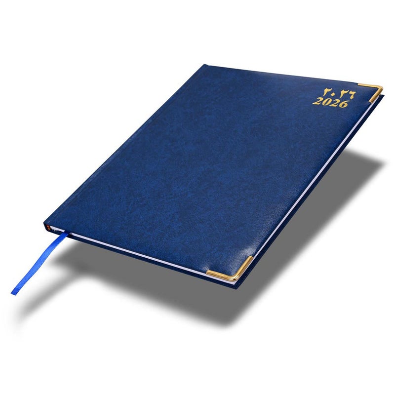 FIS مفكرة تنفيذية FIS 2026، 210x260 مم، غلاف فينيل مبطن من جانب واحد، زوايا ذهبية، أسبوع واحد في لمحة، عربي/إنجليزي/فرنسي، ورق أبيض 70 جرام، غلاف أزرق - FSDI33AE26BL - Image 1