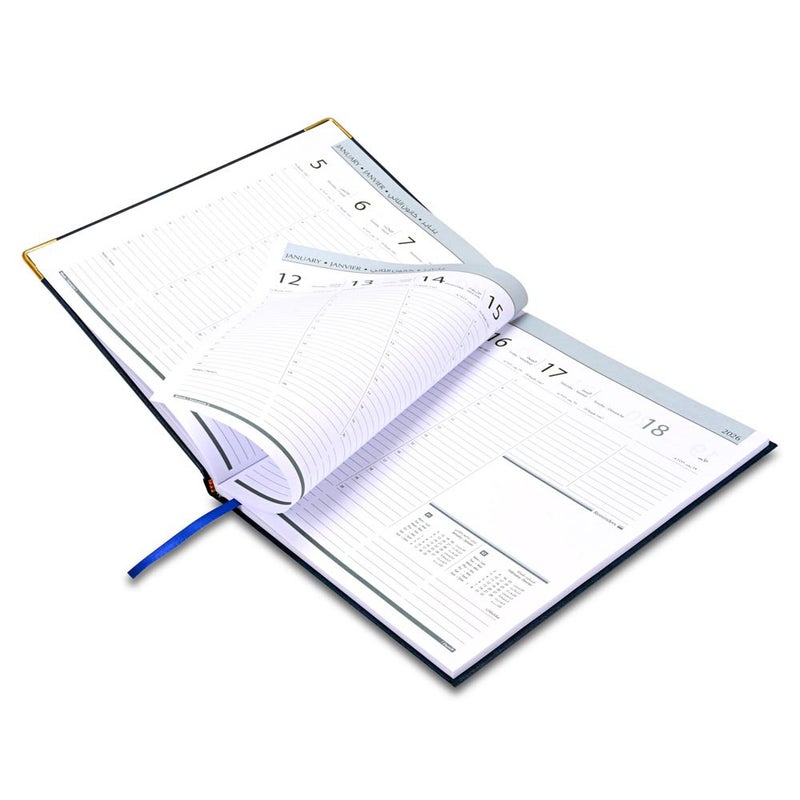 FIS مفكرة تنفيذية FIS 2026، 210x260 مم، غلاف فينيل مبطن من جانب واحد، زوايا ذهبية، أسبوع واحد في لمحة، عربي/إنجليزي/فرنسي، ورق أبيض 70 جرام، غلاف أزرق - FSDI33AE26BL - Image 4