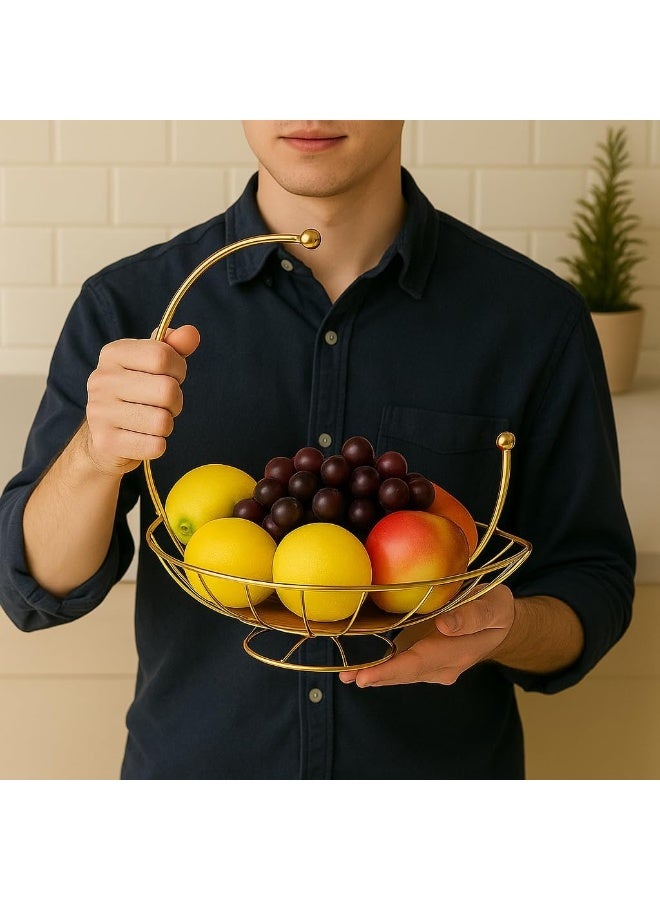 BS B&S Silver Metal Wire Fruit & Vegetable Basket Stylish Kitchen Storage Container, Afternoon Tea & Dessert Stand, Snack Tray, Multi-purpose Organizer Golden Color - Image 1