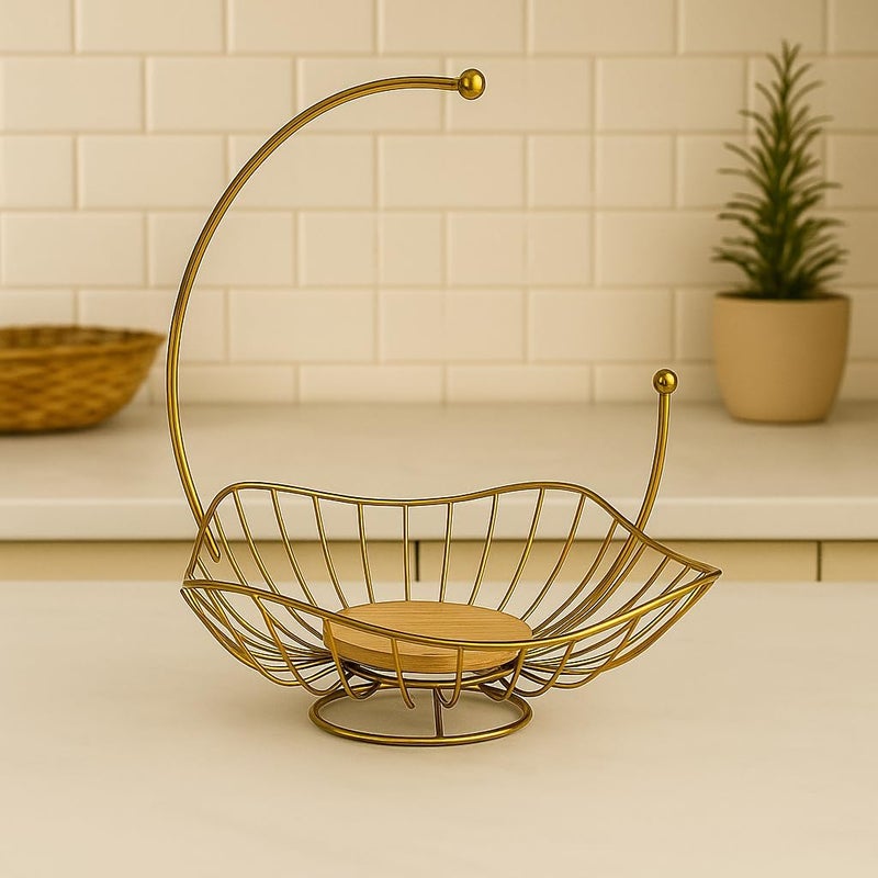 BS B&S Silver Metal Wire Fruit & Vegetable Basket Stylish Kitchen Storage Container, Afternoon Tea & Dessert Stand, Snack Tray, Multi-purpose Organizer Golden Color - Image 2