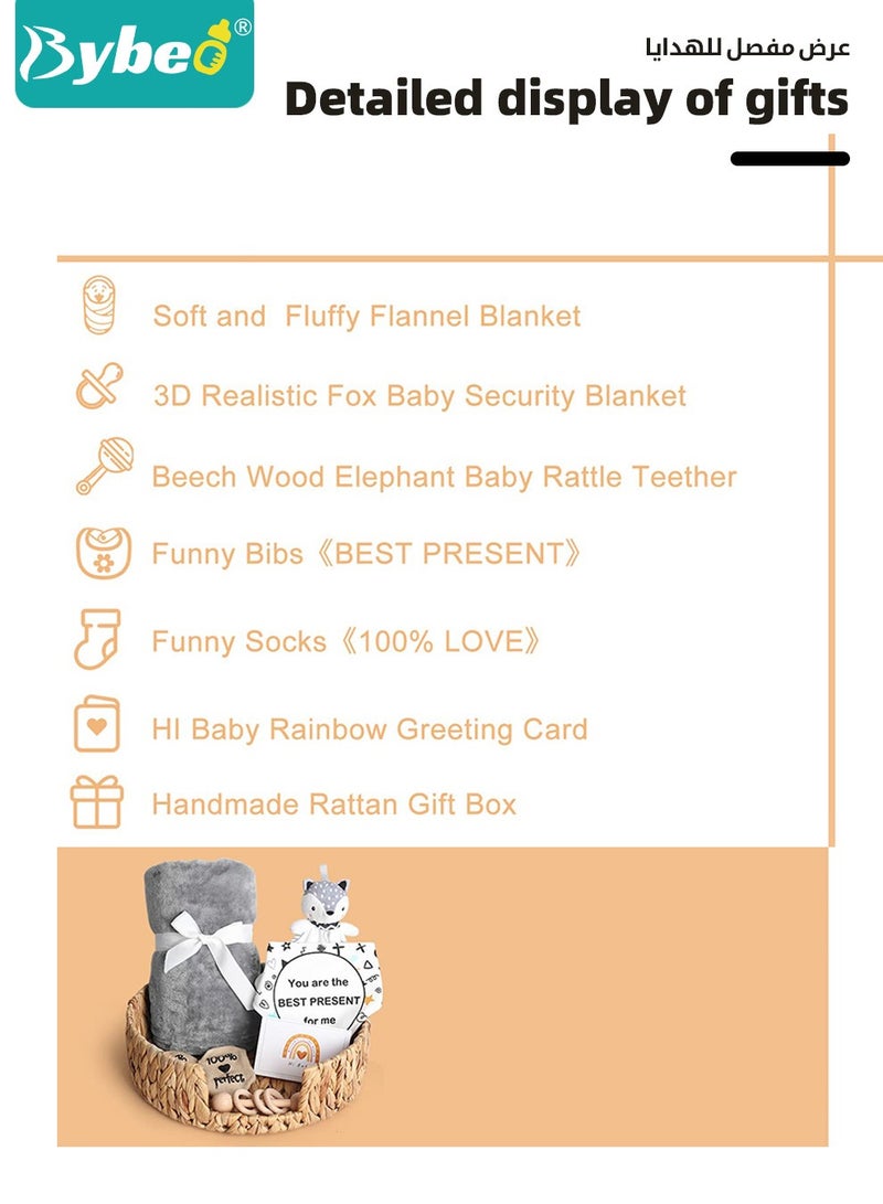Bybeo 7 PCS Baby Gift Set, Newborn Baby Shower Gift for Boys Girls, Baby Gift Basket with Essential Stuff, Includes Blanket, Wooden Rattle Toy, Baby Bib and Socks, Greeting Card, Newborn Baby Gift Set  - Image 3