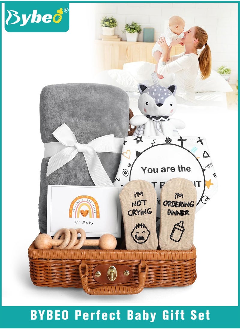 Bybeo - 7 PCS Baby Gift Set, Newborn Baby Shower Gift for Boys Girls, Baby Gift Basket with Essential Stuff, Includes Blanket, Wooden Rattle Toy, Baby Bib and Socks, Greeting Card, Newborn Baby Gift Set - Image 1