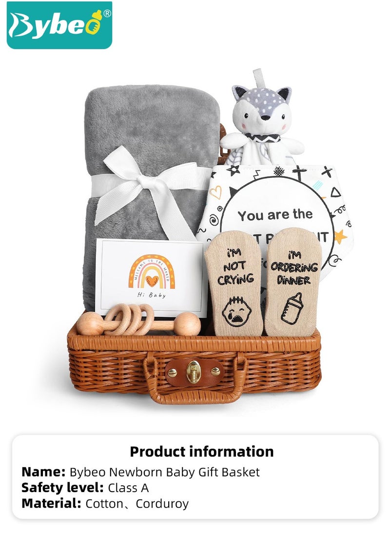 Bybeo - 7 PCS Baby Gift Set, Newborn Baby Shower Gift for Boys Girls, Baby Gift Basket with Essential Stuff, Includes Blanket, Wooden Rattle Toy, Baby Bib and Socks, Greeting Card, Newborn Baby Gift Set - Image 1