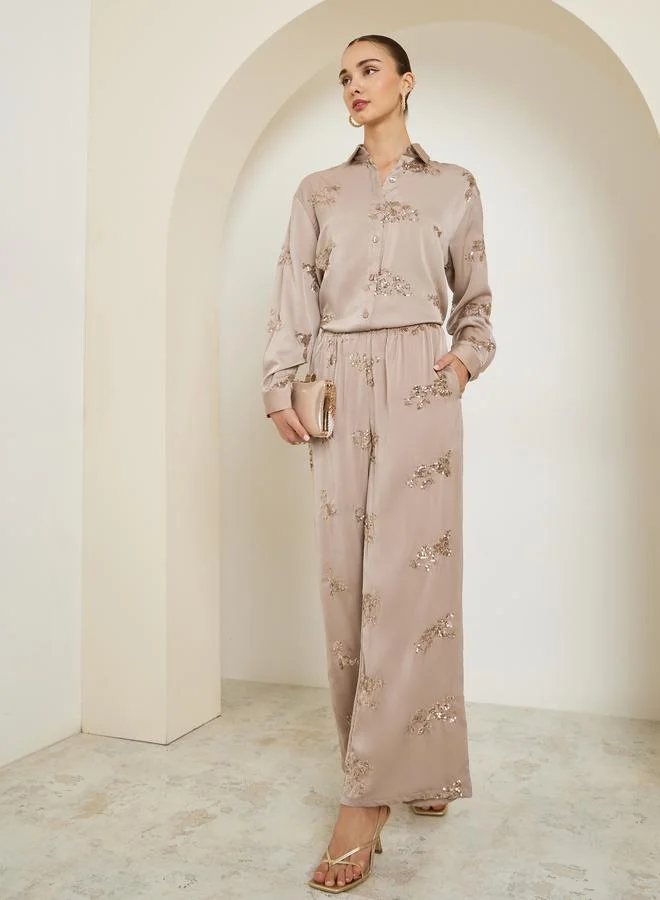 Styli Women Beige Embellished Wide Leg Trousers