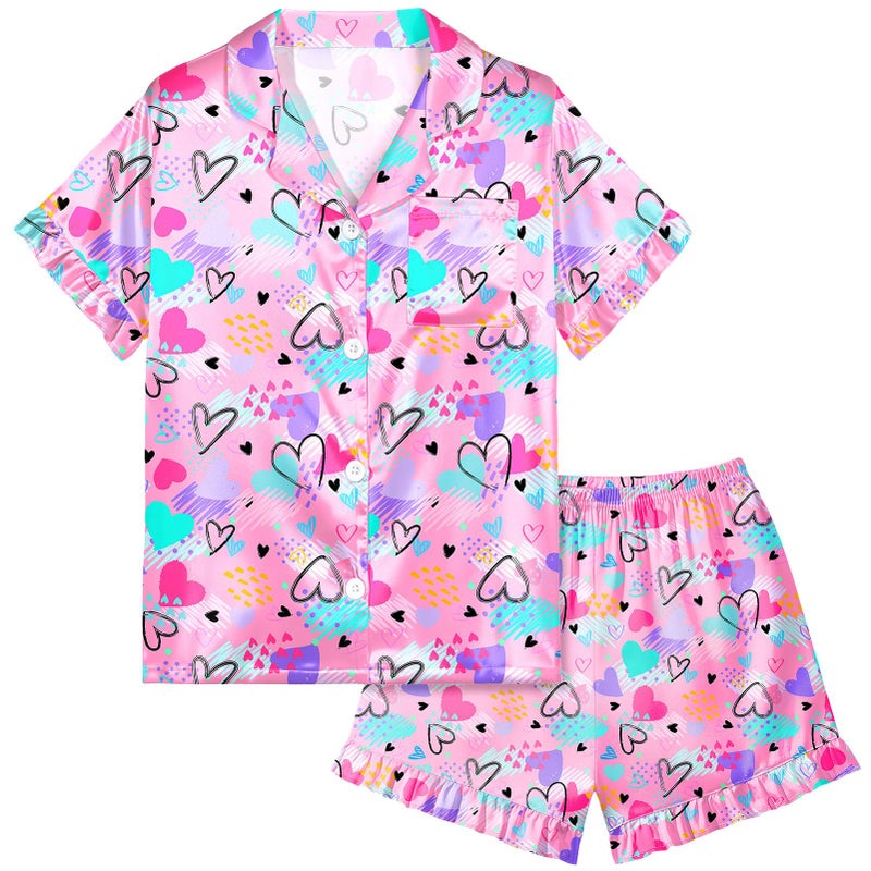MHJY Toddler Girls Pajama Set Silk Satin Girls Pajamas Short Sleeve Button-Up Top Pajamas for Kids Pink Black - Image 1