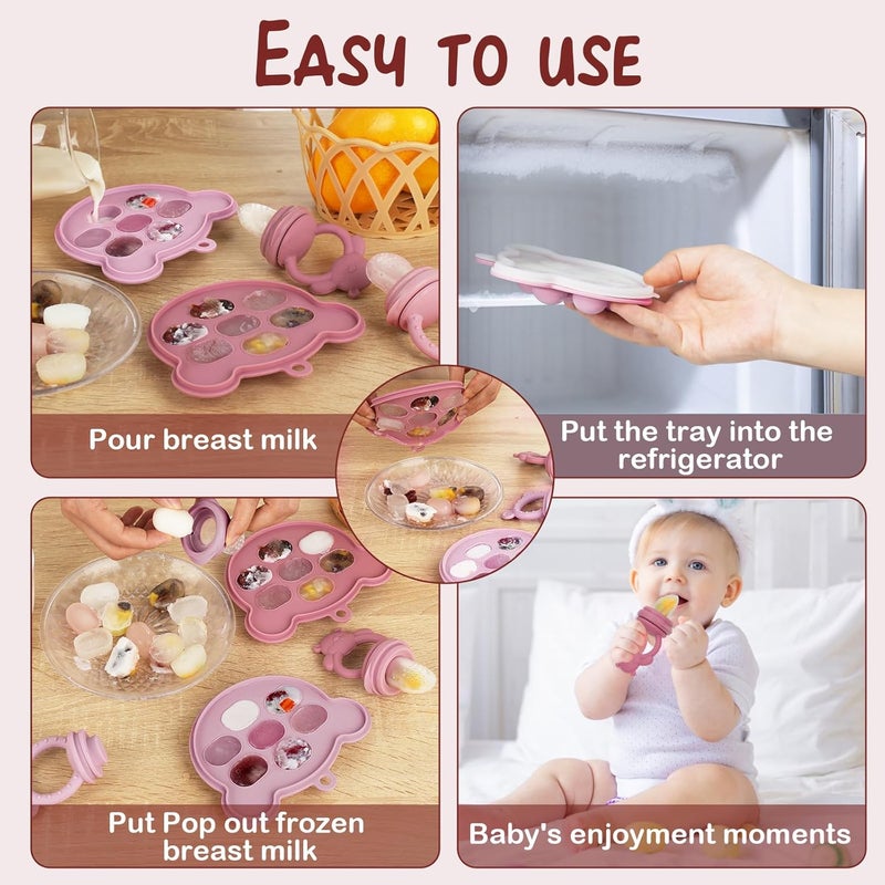 WAJIAYON Baby Breastmilk Popsicle Molds  Baby Fruit Feeder 4 Pack Infant Food Freezer Tray Storage Containers Silicone Teething Pacifier Feeder and Teether for BabiesMoss and Fawn FeederPink - Image 4