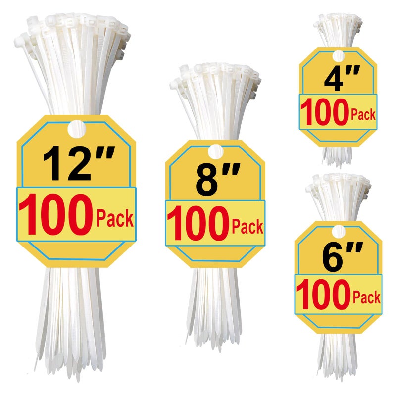 SiKuLin Zip Ties, White Zip Ties Assorted Sizes 4+6+8+12 Inch, 400 Pack, White Cable Ties, Zipties Clear, UV Resistant Wire Ties, Plastic Ties, Clear Zip Tie, SiKuLin - Image 1