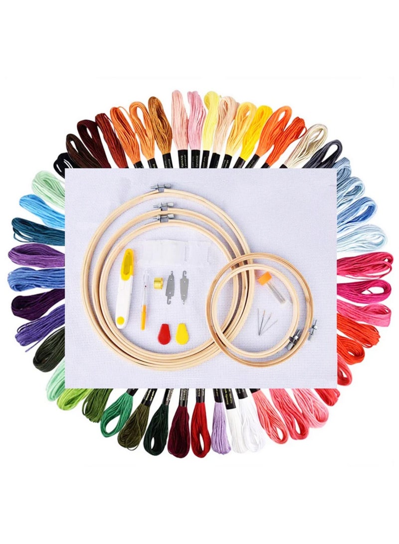 50 Cross Stitch Floss Cotton Thread Embroidery Starter Kit with Bamboo Hoop Frame DIY Knitting Sewing Tools and 50 Color Threads Wire Winding Plate Needle Set for Beginners Experts  - Image 1
