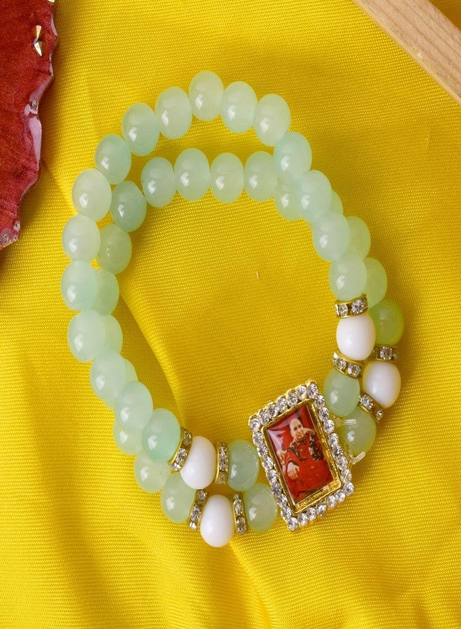 SATVIK 1 Pc's Mauve Beaded Double Layer Bracelet with Jai Guruji Swaroop || Jai Guruji Swaroop Handmade Bracelets || Jai Chattarpur Guruji Blessing Shukrana Satsang Return Gifts || Jai Guru Ji Maharaj Positive Vibes Wrist Band For Men & Women (CYAN-GREEN, Pack Of 1) - Image 4