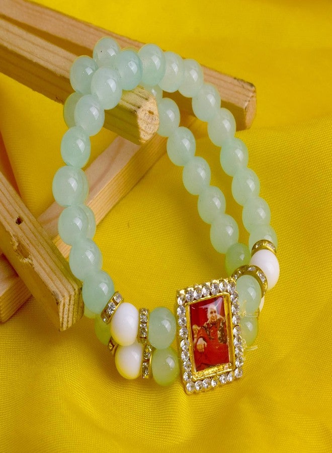 SATVIK 1 Pc's Mauve Beaded Double Layer Bracelet with Jai Guruji Swaroop || Jai Guruji Swaroop Handmade Bracelets || Jai Chattarpur Guruji Blessing Shukrana Satsang Return Gifts || Jai Guru Ji Maharaj Positive Vibes Wrist Band For Men & Women (CYAN-GREEN, Pack Of 1) - Image 3