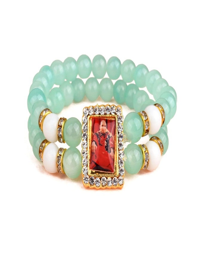 SATVIK 1 Pc's Mauve Beaded Double Layer Bracelet with Jai Guruji Swaroop || Jai Guruji Swaroop Handmade Bracelets || Jai Chattarpur Guruji Blessing Shukrana Satsang Return Gifts || Jai Guru Ji Maharaj Positive Vibes Wrist Band For Men & Women (CYAN-GREEN, Pack Of 1) - Image 2