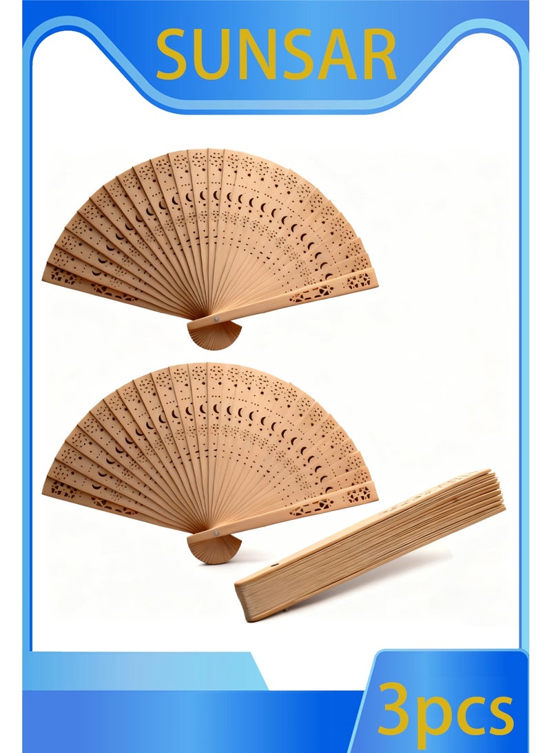SUNSAR Wooden Folding Fan 3 Pack Star Moon Pattern Wooden Foldable Fan Handheld Folding Fans Sandalwood Hand Fan Wooden Hand Chinese Sandalwood Fan - Image 1