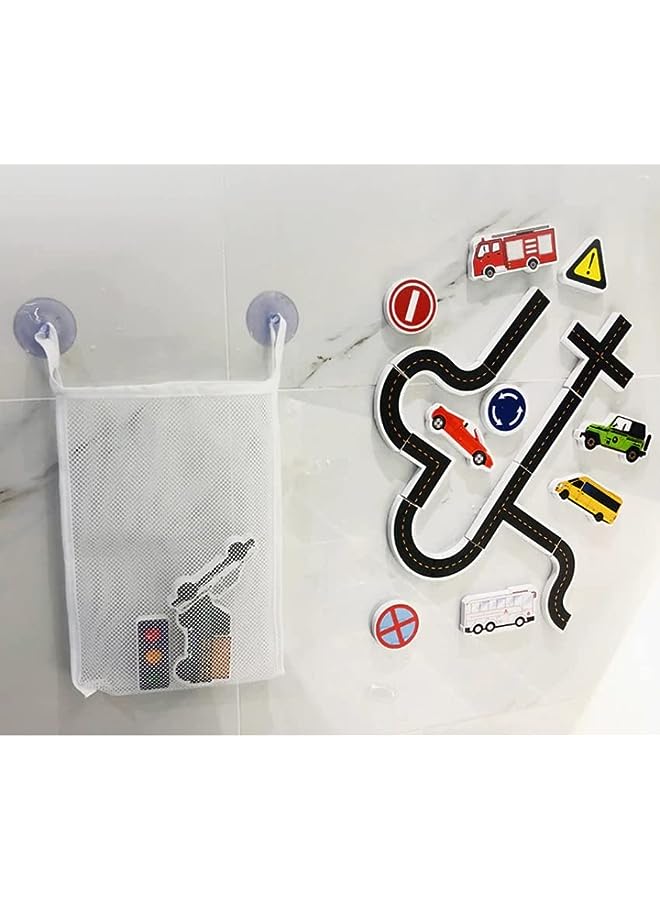 vesus Bath Toys Foam Vehilces, 23 Piece Magic Creations Foam Sticker Imaginative Bath Tub Activity Play Set with Mesh Bath Toy Organizer, Educational Floating Bathtub Traffic and Cars - Image 2