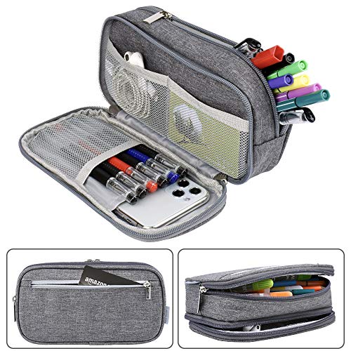 Chelory Large Capacity Pencil Case Big Pencil Bag Pouch High Storage 3 Compartments Pen Marker Holder Cases Office Stationery Organizer Supplies Makeup Bag Men Women, Gray - Image 3