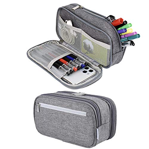 Chelory Large Capacity Pencil Case Big Pencil Bag Pouch High Storage 3 Compartments Pen Marker Holder Cases Office Stationery Organizer Supplies Makeup Bag Men Women, Gray - Image 1