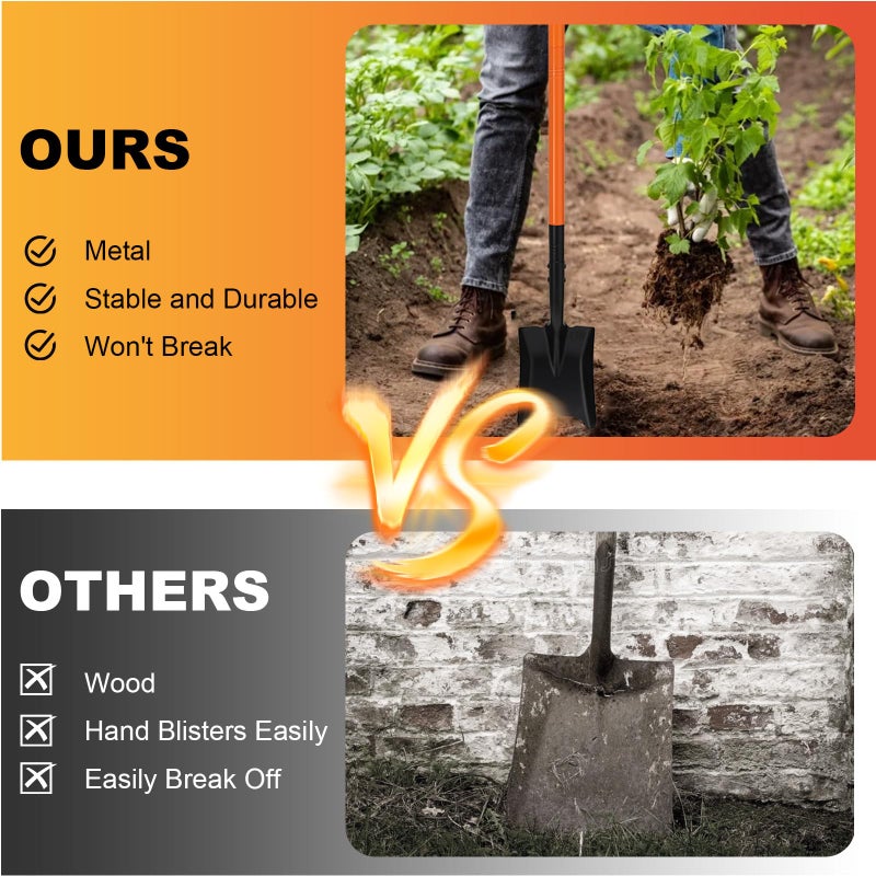 Pragmatist Small Square Shovel 43.3Inches Small Shovel with Metal Handle Garden Tool for Camping Farming Gardening Digging, Orange - Image 2