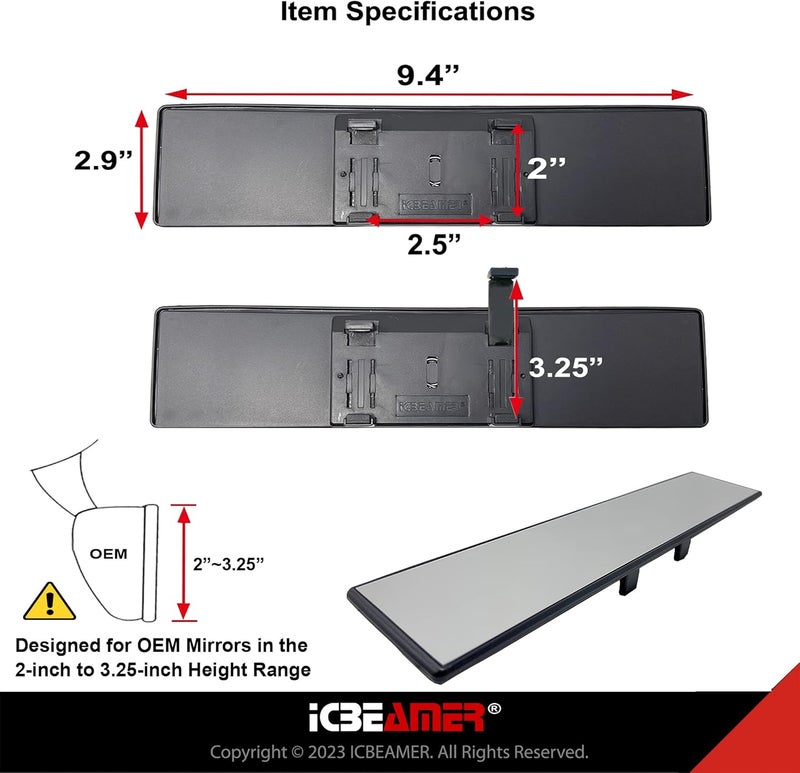 ICBEAMER 9.4" Car Rear View Mirror, HD Clear Tint, Panoramic Wide Angle Flat Surface, 2 Interior Retractable Rubber Clips, Anti Glare, Automotive Accessories Universal for Truck, Car, SUV, 1 Pack - Image 5