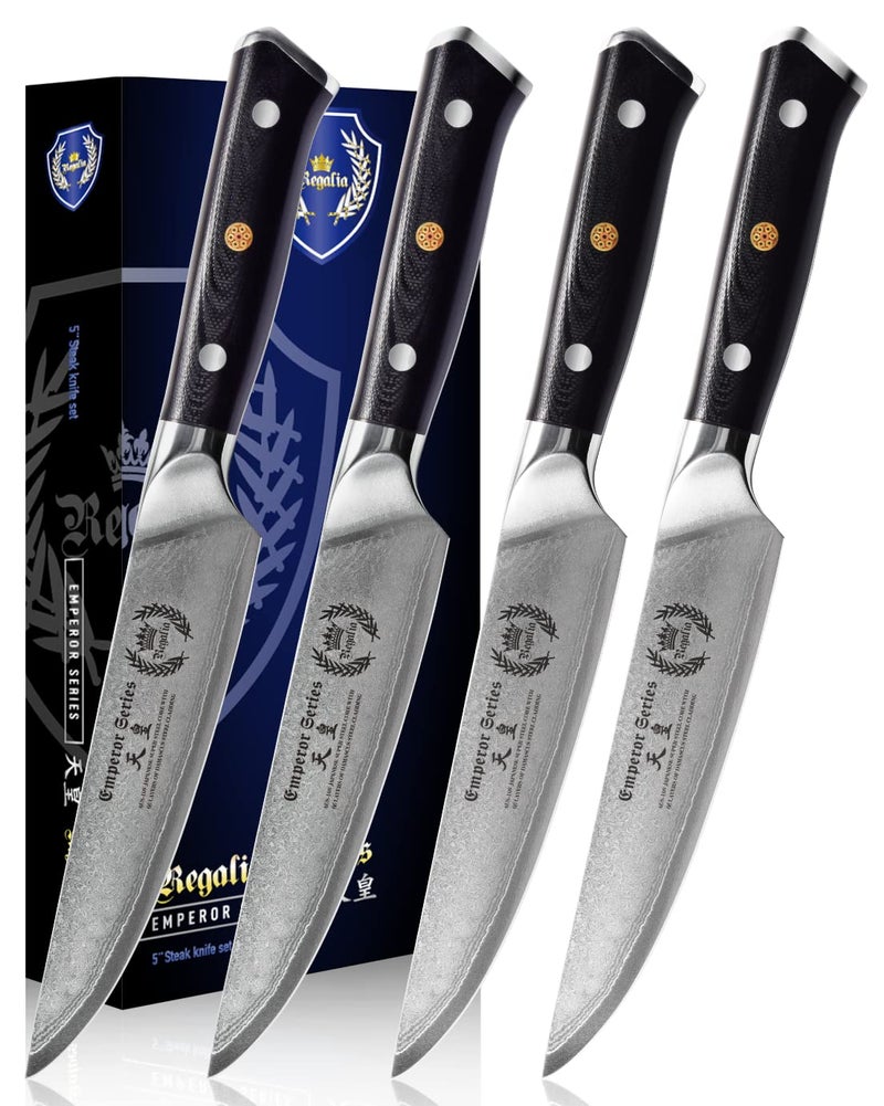 REGALIA Steak Knife Set  4 Piece  5 Inch Damascus Steel AUS10V High Carbon Steel Blade  G10 Garolite Ergonomic Handle