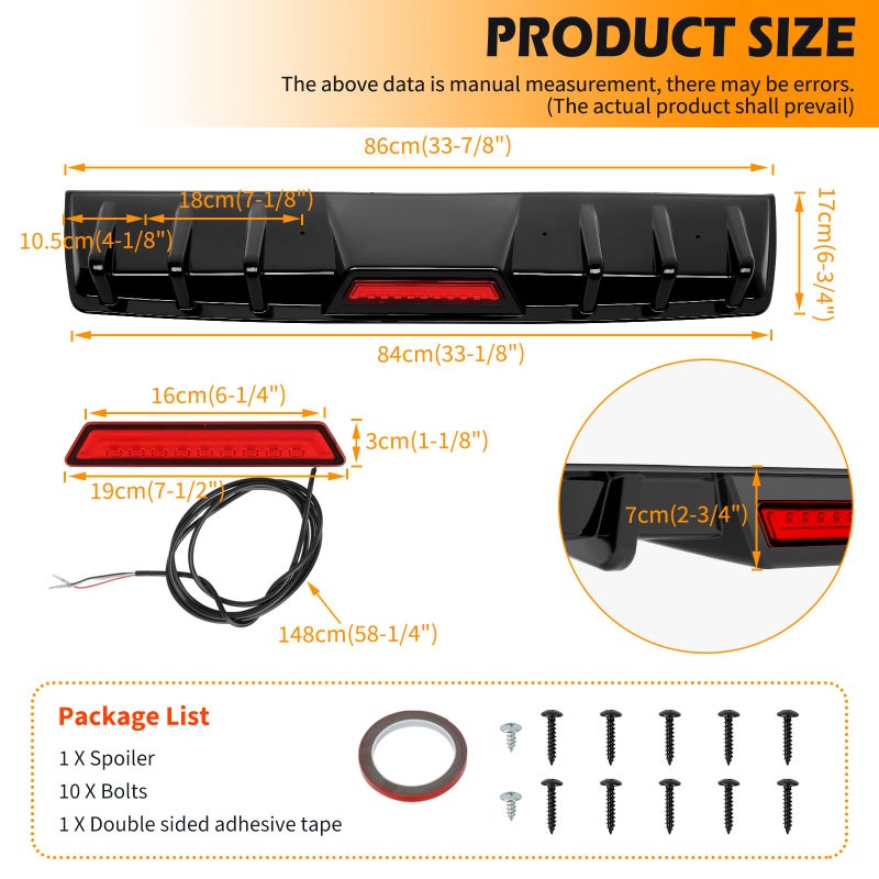 DREAMOTOR 34" Car Rear Bumper Lip with Brake Light, Universal Rear Diffuser Spoiler Compatible with Infiniti Ford Toyota Corolla Nissan Altima Dodge Charger SXT Chevy Camaro VW Acura (with LED Light) - Image 3