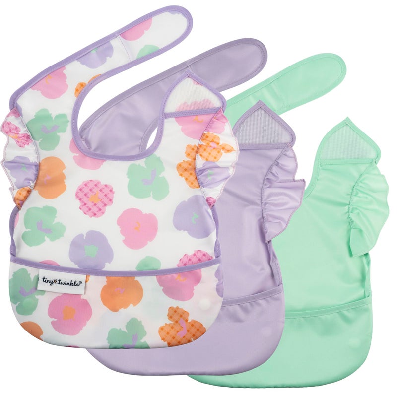 Tiny Twinkle MessProof Baby Bib Waterproof Bib for Baby Girl Machine Washable Adjustable Closure PVC BPA Phthalate Free Great for Travel Baby Food Bibs 3 Pack Floral Pop