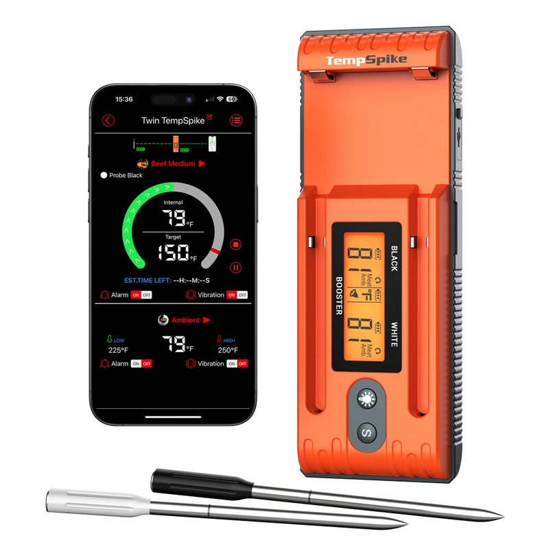 TempSpike 500FT Bluetooth Wireless Meat Thermometer for Grilling and Smoking Dual Meat Probes Grill Thermometer LCDEnhanced Booster Smoker BBQ Thermometer for Grill Rotisserie Turkey Beef