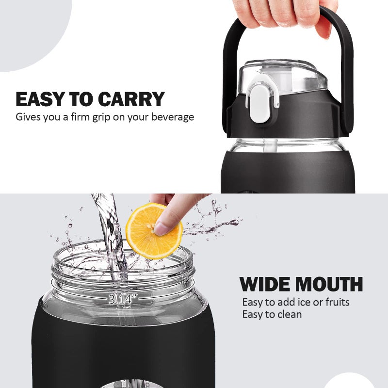 Kytffu 42Oz Glass Water Bottles With Straw Motivational Glass Bottle With Silicone Sleeve And Time Marker Leakproof Large Glass Water Jug For Gym Home Office Black - Image 5