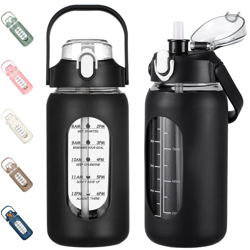 Kytffu 42Oz Glass Water Bottles With Straw Motivational Glass Bottle With Silicone Sleeve And Time Marker Leakproof Large Glass Water Jug For Gym Home Office Black - Image 1