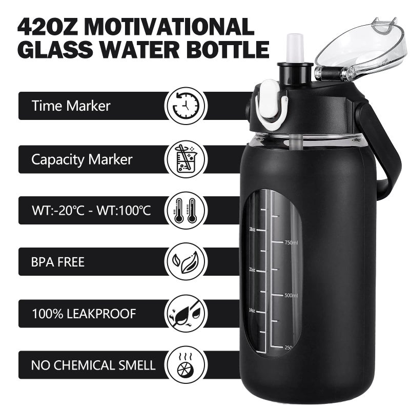 Kytffu 42Oz Glass Water Bottles With Straw Motivational Glass Bottle With Silicone Sleeve And Time Marker Leakproof Large Glass Water Jug For Gym Home Office Black - Image 2