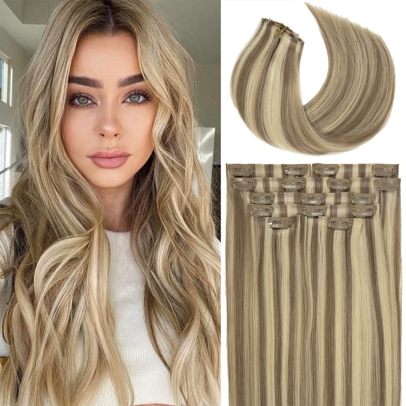 Lacer Hair 8 Pcs Seamless Clip in Hair Extensions Human Hair Ombre Color Light Brown Highlighted Platinum Blonde 115g Thick Ends Remy Hair Extensions Clip in Full Head Natural Real Human Hair 18 Inch