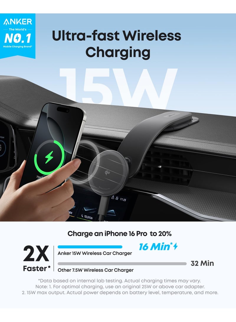 شاحن سيارة لاسلكي MagGo (لوحة)، محول سيارة سريع الشحن معتمد Qi2 بقوة 15 واط مع تثبيت قوي من سبائك B، عرض قابل للتعديل 360°، لجهاز iPhone 17/16/15/14 والمزيد - Image 1