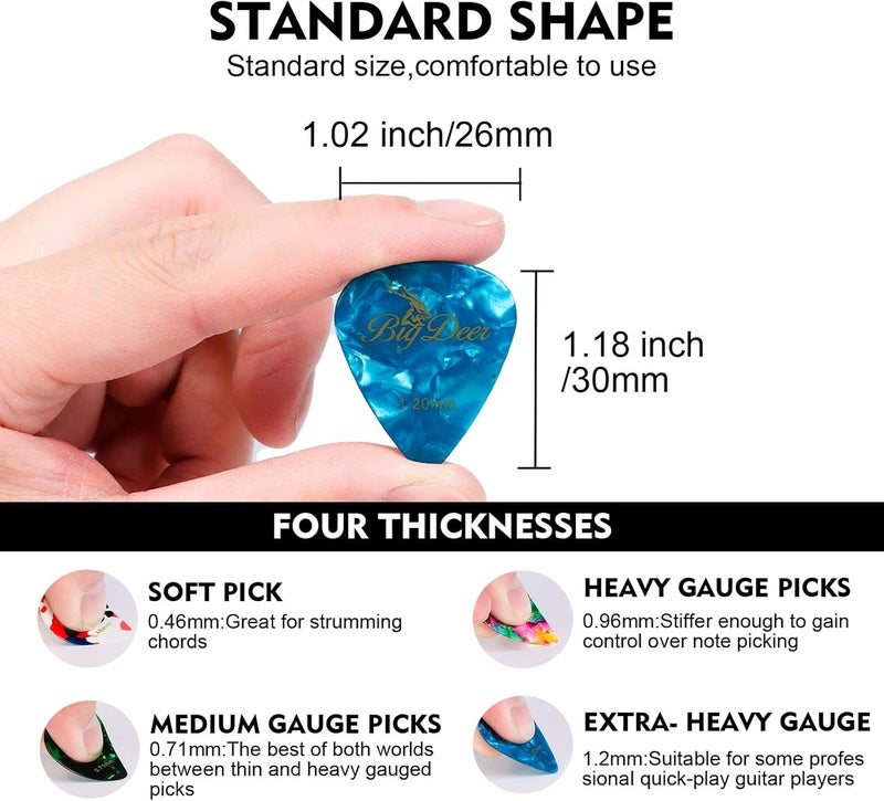 BigDeer 30 Pack Bright celluloid guitar picks, including 0.46mm, 0.71mm, 0.96mm and 1.2mm picks for acoustic guitars, ukulele, bass in tin case,comes with two guitar pick holders - Image 3