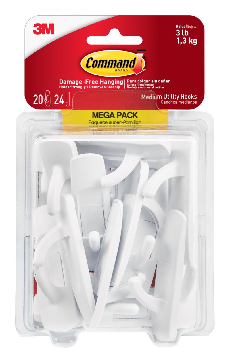 Command Hooks, Indoor Use, Organize Damage-Free, White, 20 hooks, 24 strips (17001-MPES) - Image 1