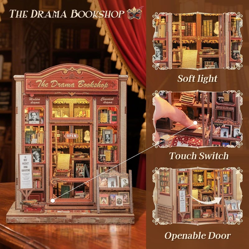 CUTEBEE Book Nook Kit - DIY Miniature House Dollhouse Kit for Adults and Teens, Booknook Tiny House Bookshelf Decor 3D Wooden Puzzle, Gifts for Family Friends (Drama Bookshop) - Image 3