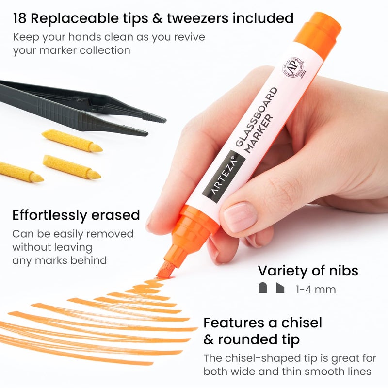 ARTEZA Glass Board Markers, Pack of 18, 10 Classic and 8 Neon Colors for Whiteboards and Windows, Erasable Dry Erase Markers, Office, School Supplies - Image 4