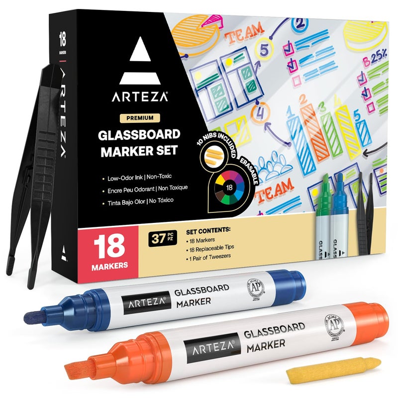 ARTEZA Glass Board Markers, Pack of 18, 10 Classic and 8 Neon Colors for Whiteboards and Windows, Erasable Dry Erase Markers, Office, School Supplies - Image 1