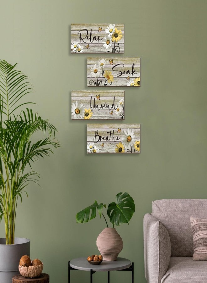 ZINYAZHE 4 Pcs Farmhouse Yellow Bathroom Wall Decor Yellow Daisy Floral Flowers and Butterfly Yellow Wall Art Relax Soak Unwind Breathe Rustic Wood Plaque for Kitchen Home Bedroom(Yellow,10 x 4 Inch) - Image 3
