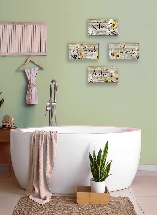 ZINYAZHE 4 Pcs Farmhouse Yellow Bathroom Wall Decor Yellow Daisy Floral Flowers and Butterfly Yellow Wall Art Relax Soak Unwind Breathe Rustic Wood Plaque for Kitchen Home Bedroom(Yellow,10 x 4 Inch) - Image 5