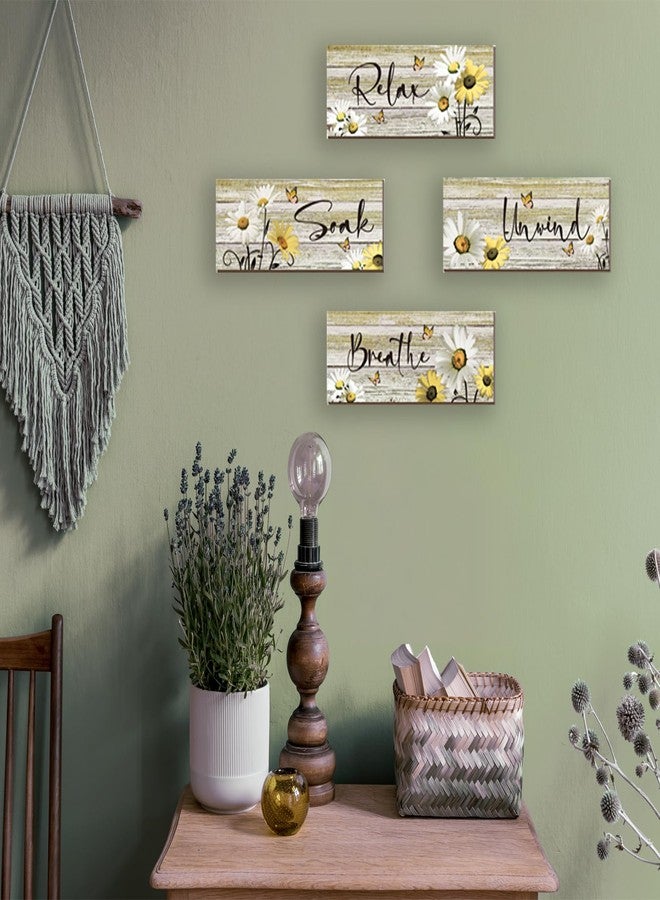 ZINYAZHE 4 Pcs Farmhouse Yellow Bathroom Wall Decor Yellow Daisy Floral Flowers and Butterfly Yellow Wall Art Relax Soak Unwind Breathe Rustic Wood Plaque for Kitchen Home Bedroom(Yellow,10 x 4 Inch) - Image 2