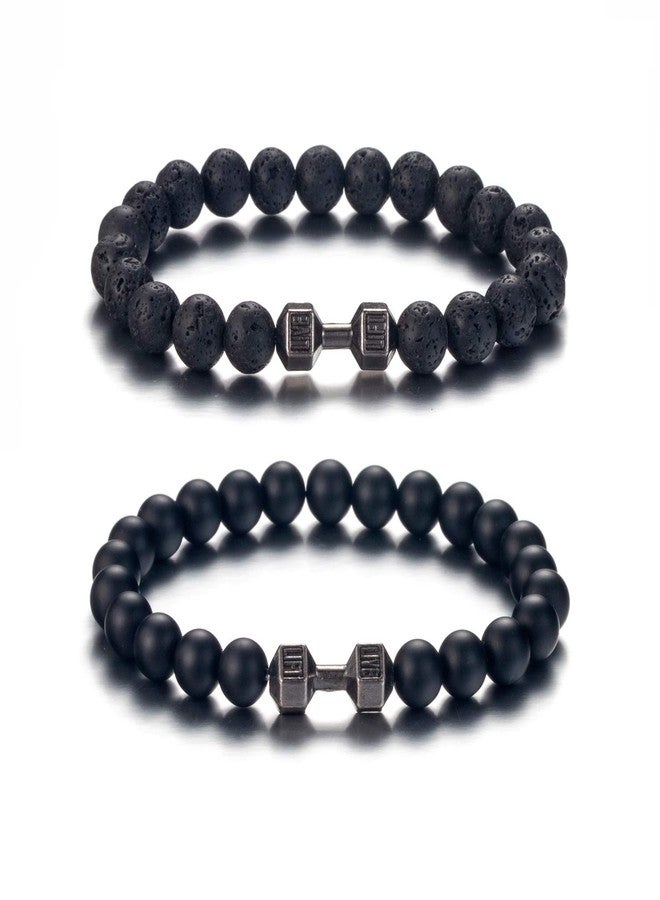 Softones Black Charm Dumbbell Bracelets for Men Women Natural Stone Dumbbell Beads Bracelets Set Gifts - Image 1